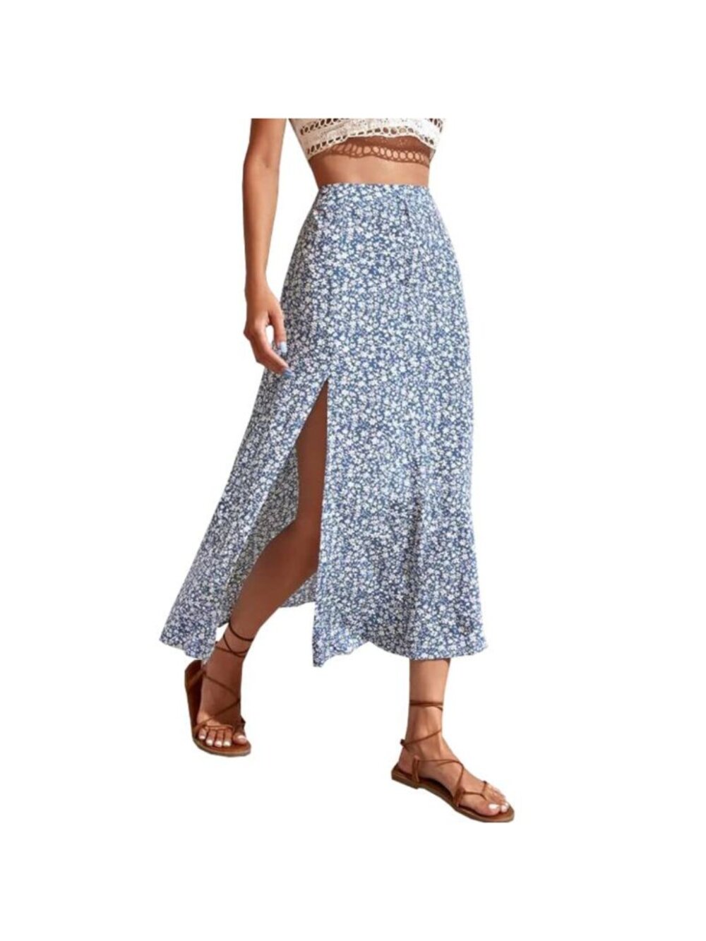 Boho Floral High Waist Split Thigh Midi Skirt